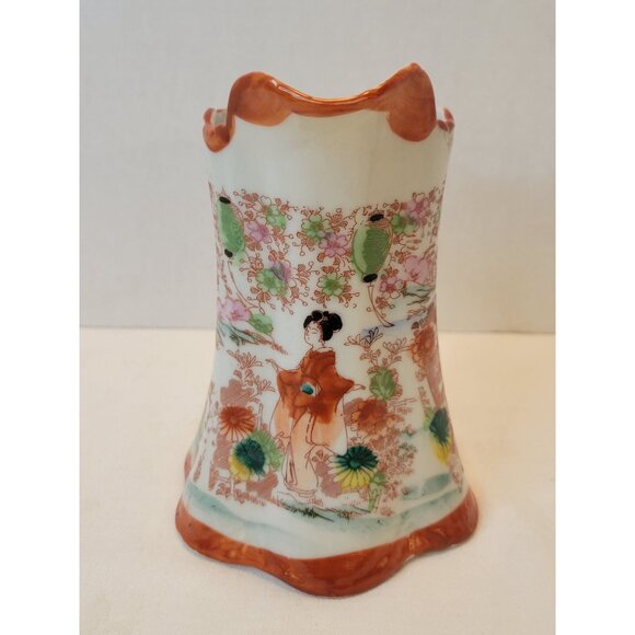 Antique Nippon Hand-Painted Porcelain Pitcher With Geisha & Floral Design 6" - Picture 5 of 9